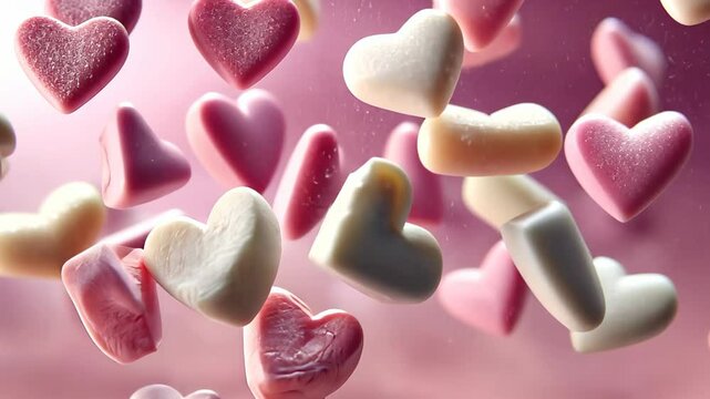 Sweet white and pink heart marshmallows falling gracefully, a delightful confectionery scene, Ai Generated.