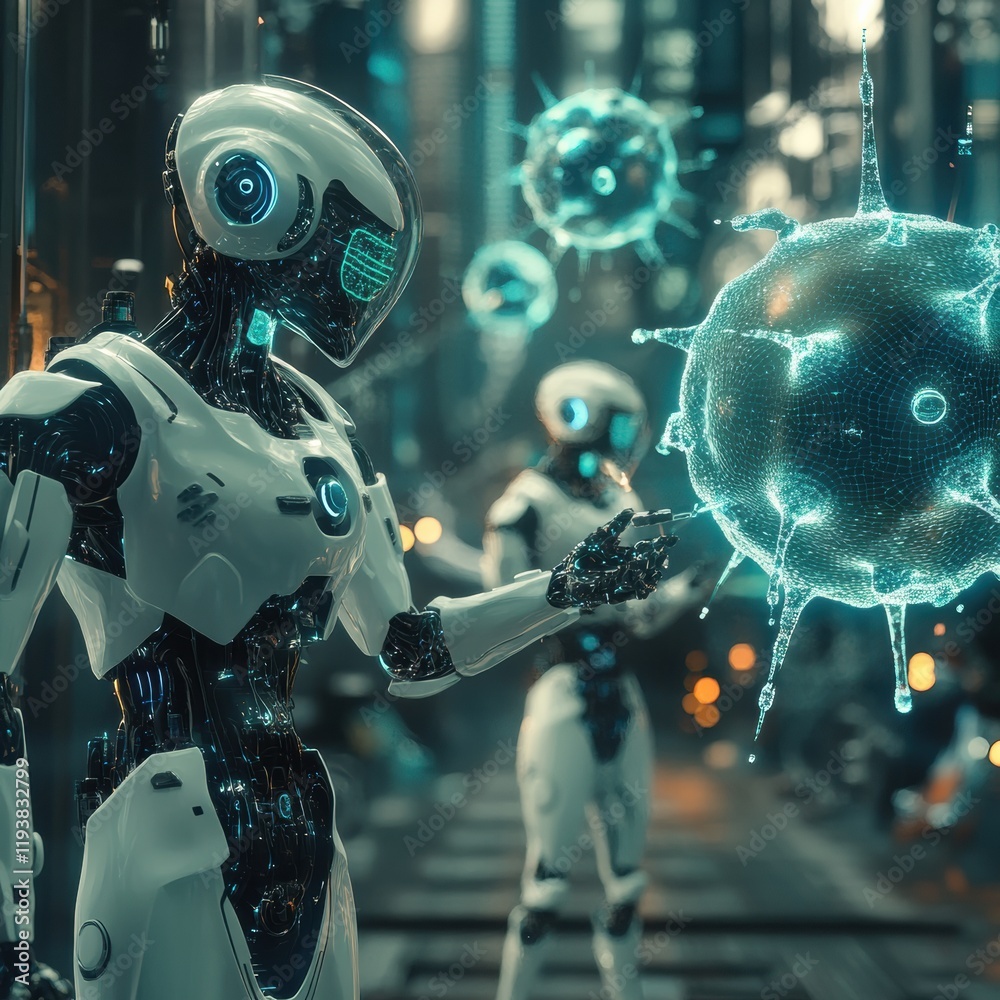 Poster robots conducting virus neutralization in a futuristic urban environment during nighttime. generativ