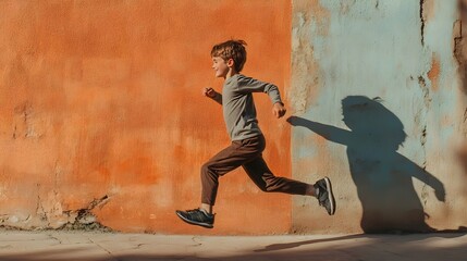 Boy running along a colorful urban wall