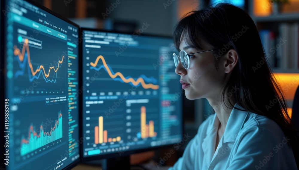 Aufkleber Woman data scientist deeply analyzes complex datasets on computer screens. Modern tech tools display graphs, charts. Focuses on data mining, AI integration for future business action. Modern