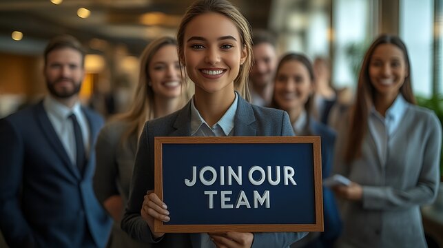 A group of professionals at a job fair - holding a sign that reads &ldquo;JOIN OUR TEAM&rdquo; - recruiting - recruiter - marketing - branding - college - corporate - career - fair