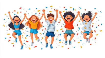 Joyful Children Celebrating with Fun and Laughter, Colorful Confetti Showering Around, Expressing Happiness and Excitement in a Dynamic Group Scene
