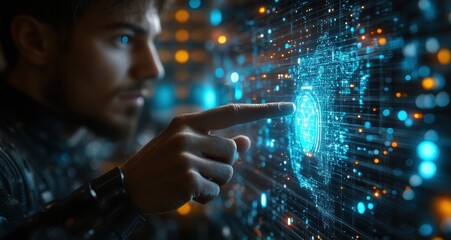 Futuristic Businessman with Holographic Interface in Cyberpunk Setting