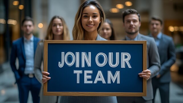 A group of professionals at a job fair - holding a sign that reads “JOIN OUR TEAM” - recruiting - recruiter - marketing - branding - college - corporate - career - fair
