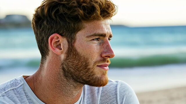 A fit young man with a smirk sits on a bench at the beach, showcasing sunny vibes in a casual white tee and relaxed style.