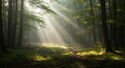 Obraz premium Sunlight rays pierce morning mist through green forest trees. Nature's woodland scene.