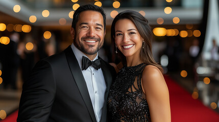 A couple dressed in formal evening wear, smiling as they pose on a red carpet at an elegant black tie event