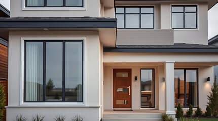 Obraz premium Modern House Exterior: Contemporary Home Design and Architecture. Luxury Real Estate Property with Elegant Facade and Stylish Entrance. Beautiful Home showcasing modern architecture and design.