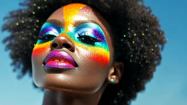 A vibrant drag queen shines in a rainbow wig and glitter makeup, embodying joy at a summer pride parade.
