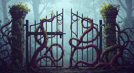 Spooky gothic gate, overgrown with ivy. Misty forest, dark gate, ancient fantasy.
