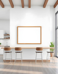 Empty poster frame on a white wall in a modern kitchen interior with barstools and a large window. 3D Rendering. isolated with white highlights