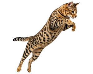 A Bengal cat with a sleek, athletic build and a beautiful leopard-like coat is mid-air, leaping gracefully with its paws extended and tail outstretched. It's isolated on a white background, showcasing