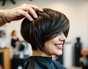 Fototapeta premium A woman smiles while a hairstylist adjusts her short haircut during a salon visit, emphasizing precision and style.