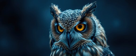 An owl stares intently with sharp yellow eyes, emphasizing its nocturnal and wise attribute.