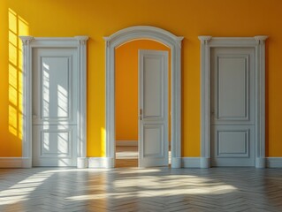 Open Door on Yellow Wall Minimalist Illustration Bright Interior Concept