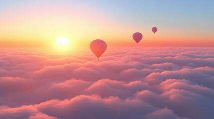 Fototapeta premium Three vibrant hot air balloons ascend gracefully over fluffy clouds as the sun rises, bathing the landscape in warm colors. The scene captures tranquility and adventure in the early morning