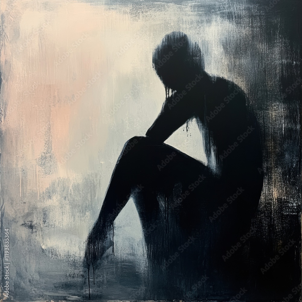 Poster person sitting in shadow with abstract elements illustrating mental turmoil and emotional struggle i