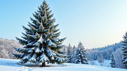 A majestic pine tree stands proudly adorned with fresh snow, rooted in an expansive snowy field. Snowdrifts gather at its base, while a serene landscape stretches to the right