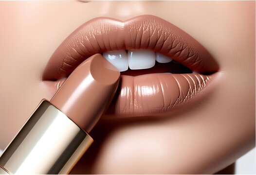 A close-up of nude lipstick being applied to perfectly outlined lips
