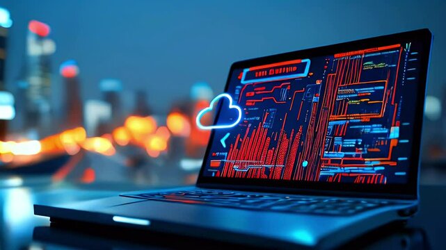 A laptop displaying data visualization with a city skyline in the background at dusk.