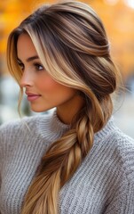 Long-haired model showcases a beautiful braid while wearing a soft sweater. The backdrop features vibrant autumn leaves, highlighting the serene outdoor atmosphere