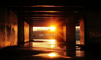 Sunset Glows Through Bridge Underpass Silhouette