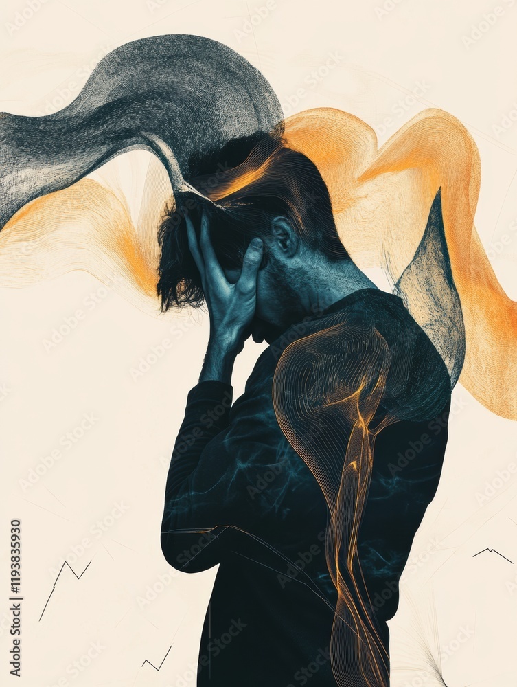Fototapete emotions collide as a figure experiences deep pain amidst abstract waves and sharp shapes representi