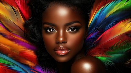 A woman poses against a backdrop of colorful feathers, highlighting her radiant skin and captivating features. The dramatic lighting accentuates the artistry and elegance