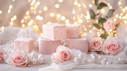 Fototapeta premium A romantic Valentine scene with delicate pink roses, soft velvet gift boxes, and twinkling fairy lights, captured in dreamy bokeh, photography, warm natural light