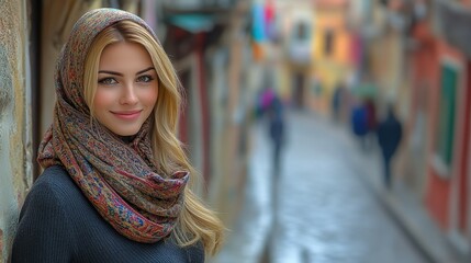 Fototapeta premium A woman with long blonde hair wears a patterned scarf, smiling warmly against a backdrop of colorful buildings and cobblestone streets at dusk. The atmosphere feels inviting