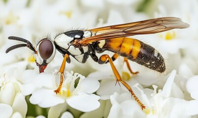 Close-up photo of a fly camouflaged as a wasp on white flowers, nature, macro, mimicry