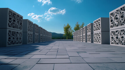 Fototapeta premium An artistic arrangement of decorative cement blocks, featuring geometric and floral cut-out patterns, displayed in an open-air setting with a serene blue sky above.