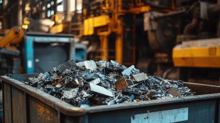 A collection of recycled metal scraps showcasing varying textures and colors displayed in a large bin with a label indicating their recycled origin surrounded by machinery in the background.