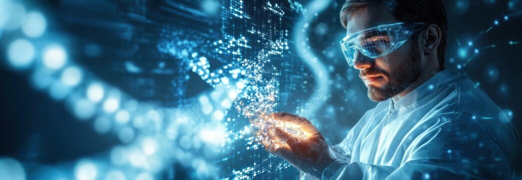 Futuristic Scientist Interacting with Glowing DNA Strand in Cyberpunk Laboratory Setting