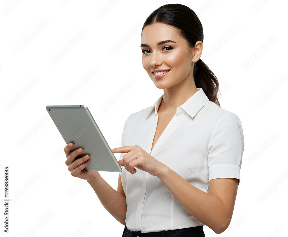 Wall mural Beautiful smiling woman holding a tablet computer.