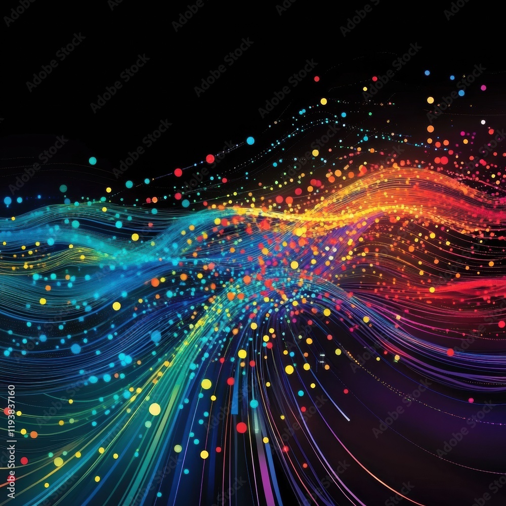 Aufkleber Vibrant energy lines and dots representing active communication and data exchange across a dark background. Generative AI