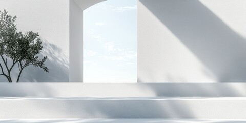 Minimalist Geometric Product Display Podium with Shadows and Leaves on White Background