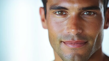 Obraz premium A man with a well-defined jawline and warm brown eyes smiles gently. The soft lighting highlights his features, creating a welcoming atmosphere in a cozy indoor setting