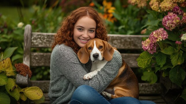 Smiling woman embracing beagle on wooden bench in garden setting