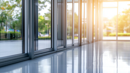 A row of elegant aluminum window frames arranged in a modern showroom, with natural light streaming in to emphasize their minimalist design and glossy texture.