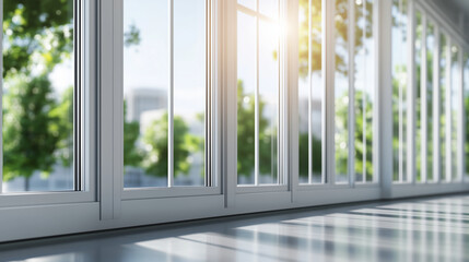 Fototapeta premium Rows of modern aluminum window frames in a sophisticated showroom setting, each frame catching the light to showcase its premium build and aesthetic appeal.
