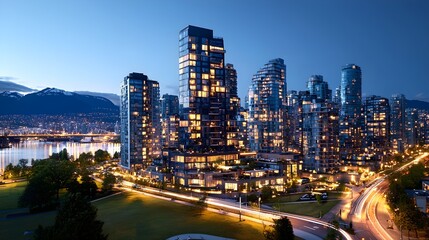 Fototapeta premium Modern luxury condo exterior, illuminated skyline backdrop, sophisticated vibe