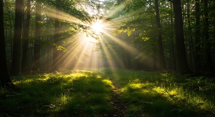Fototapeta premium Golden sunlight streams through misty woodland trees. Morning path through vibrant grass.