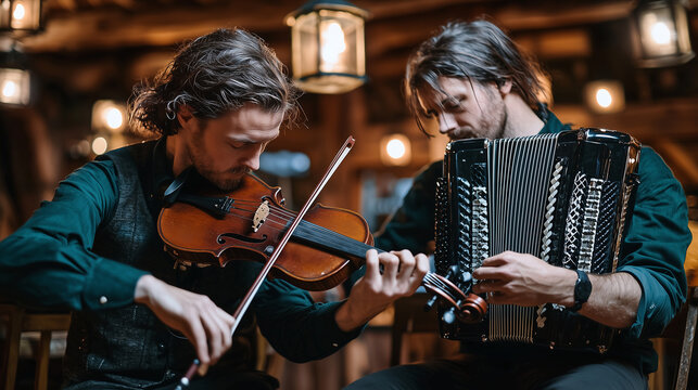 A duet of a fiddler and an accordion player performing soulful Irish folk tunes under the glow of pub lanterns