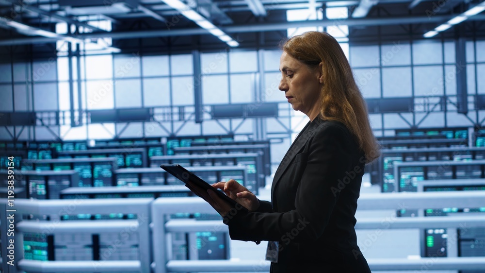 Poster computer scientist doing checkup, inputting data on tablet of needed fixes in server hub. woman work
