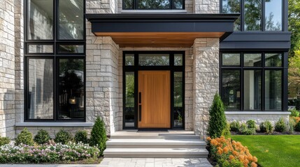 Fototapeta premium Modern House Entrance with Stone Facade and Large Windows
