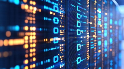 Illuminated Server Racks Displaying Digital Data Streams