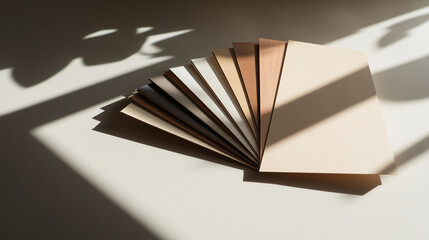 A creative fan arrangement of vinyl flooring samples displayed on a smooth, neutral table, with shadows enhancing the depth of their textures and tones.