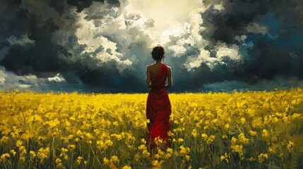 Fototapeta premium A reflective woman in a vibrant yellow field, dark clouds framing the scene, illuminated by scattered sunbeams, hyper-realistic oil painting, warm and cool contrast