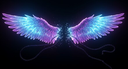 Glowing neon purple and blue broken angel wings chained. Fantasy.